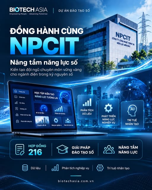 Đồ họa giới thiệu hợp tác Biotech Asia và NPCIT về đào tạo năng lực số, công bố trên fanpage doanh nghiệp